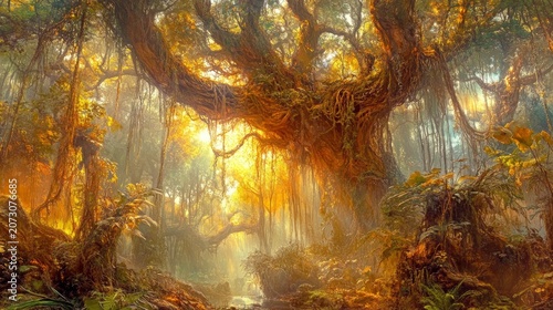 Enormous ancient banyan tree with hanging vines in a sun-drenched, mystical jungle clearing