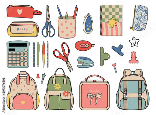 Collection of Cute School Supplies Vector Illustration. Vector illustration of various adorable school supplies including backpacks, scissors, notebooks, and pencil cases. 