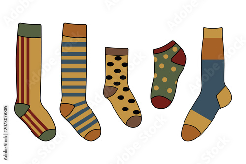 Colorful Mismatched Socks Vector Illustration. Socks with various patterns and designs, including stripes, polka dots, and solid colors, arranged in a playful display.