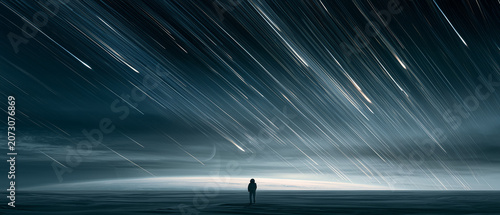 Lone Astronaut Witnessing a Massive Meteor Shower Over an Alien Desert