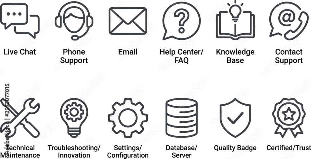 Fototapeta premium Customer Support and Technical Service Icons Collection Featuring Communication, Maintenance, and Trust Symbols for Business Solutions