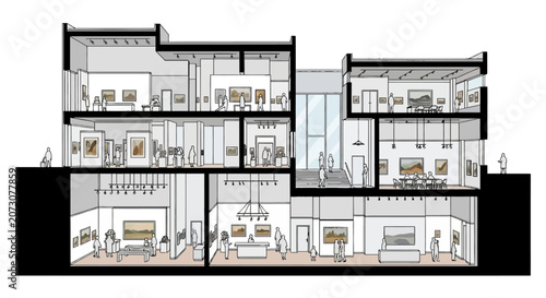 Quadro su tela Cross section of modern art gallery building with visitors