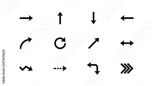 Set of Black Minimalist Directional Arrow Icons Isolated on White Background.