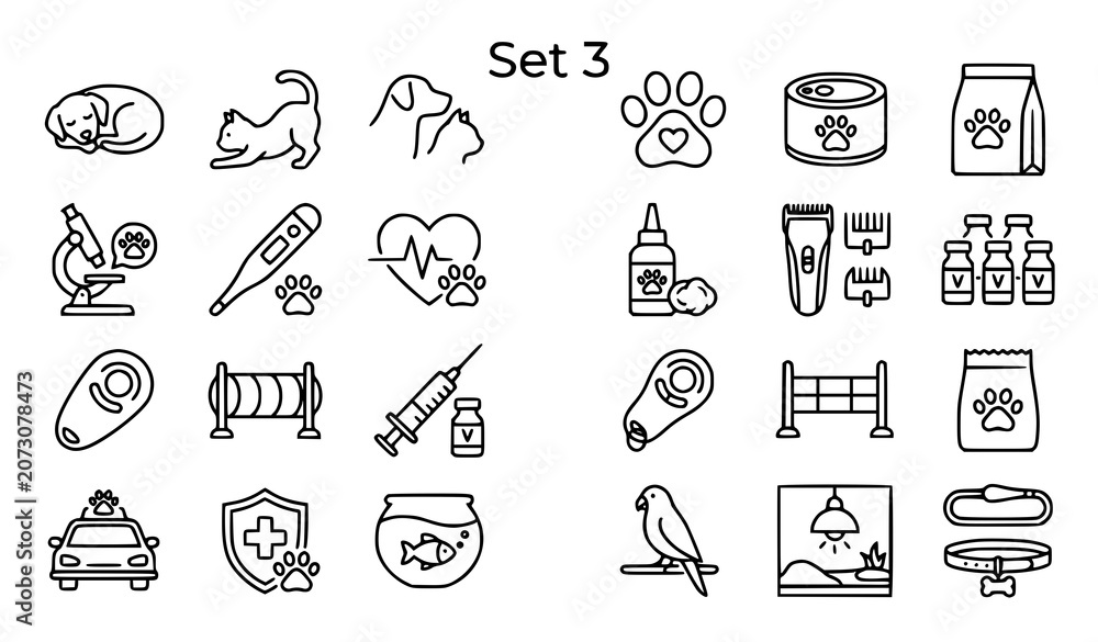 Fototapeta premium Minimal pet icons set veterinary care dog cat paw vaccine outline vector eps10
