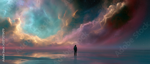 Lone Astronaut Beneath a Brilliant Planetary Nebula