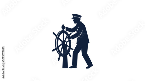 Foto Captain steers a ship using a large wooden wheel to represent leadership, navigation, and maritime travel