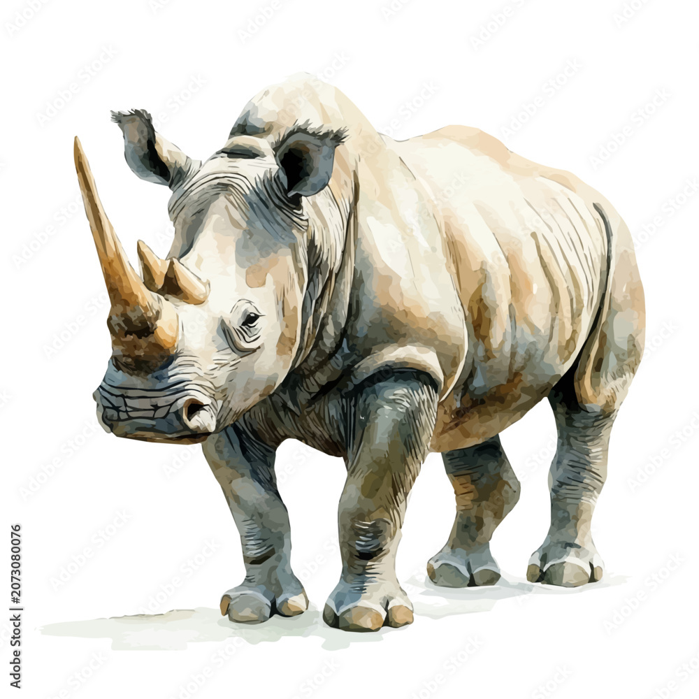 Fototapeta premium Rhinoceros, illustration watercolor with playful splashes and delicate line details, isolated on a white background.
