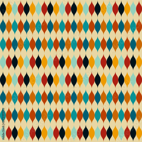 Mid-century retro seamless pattern with abstract wavy ogee diamonds in teal, orange, red, blue, and cream colors. Vintage 70s geometric background