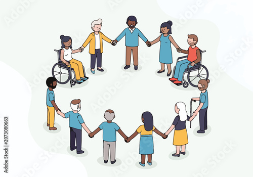 Diverse group of people holding hands in a circle
