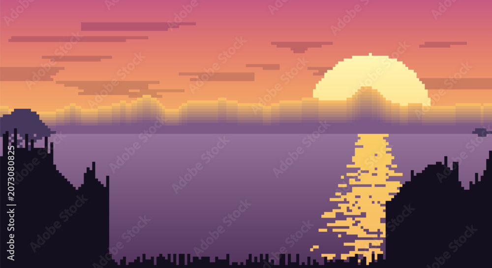 Fototapeta premium Pixel art sunset over ocean with dramatic clouds and reflection on calm water.