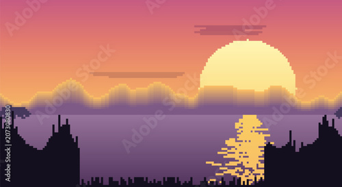 Pixel art sunset with orange sun and purple clouds over tranquil ocean.