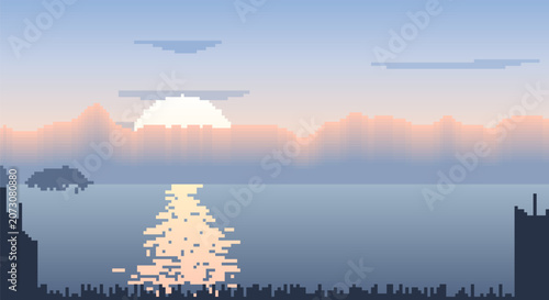 Pixel art serene sunset over calm ocean with distant islands and dramatic mountain silhouettes at dusk.