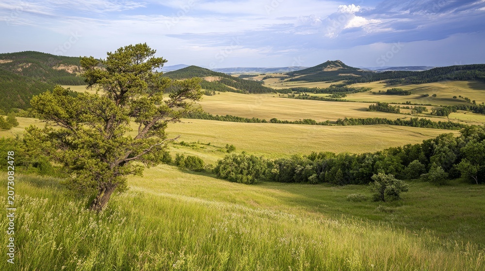Fototapeta premium Expansive rolling hills and fields under a partly cloudy sky, with a lone tree in the foreground