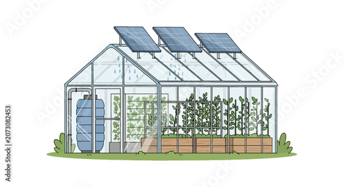 Bild auf Leinwand Sustainable glass greenhouse with solar panels and water storage