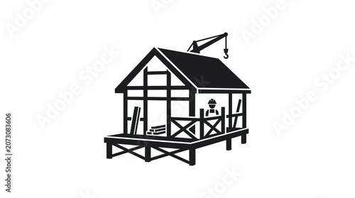 Obraz na plátně Construction site featuring a wooden frame structure and a crane illustrates the early stages of building a new house