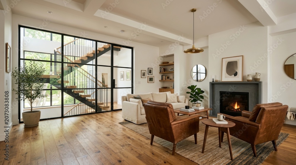 Fototapeta premium Cozy modern living room featuring natural light and elegant decor