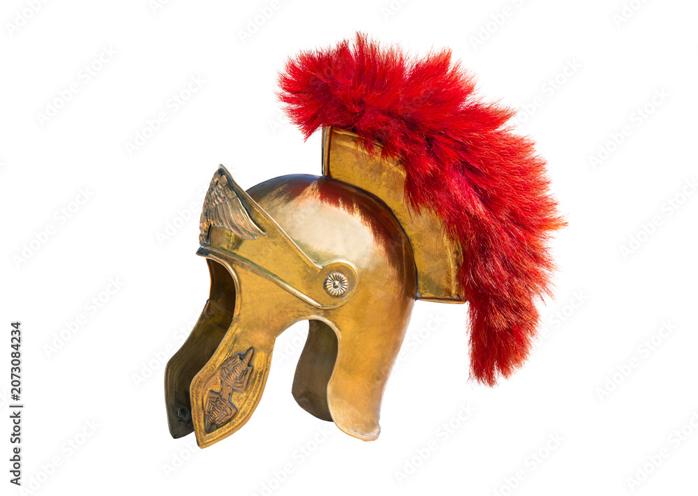 Obraz premium Ancient Roman centurion brass helmet with red crest transparent background.