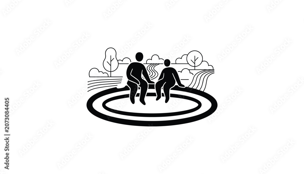 Obraz premium Two people sitting together on a circular bench in an outdoor landscape park with trees and path in a minimalist vector style.