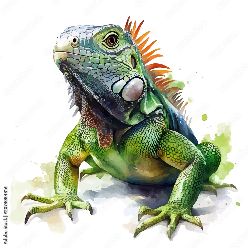 Fototapeta premium Iguana, illustration watercolor with dynamic strokes and balanced color harmony, isolated on a white background.