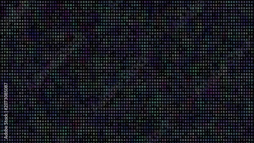 Visualization of digital data in the form of a matrix of square dots of rainbow color. Bright neon mesh pattern in the form of cyber technologies.