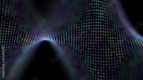 A wave flow of a matrix of colorful digital numbers on a black background. Abstract neon data stream with smooth animation of numerical grid.