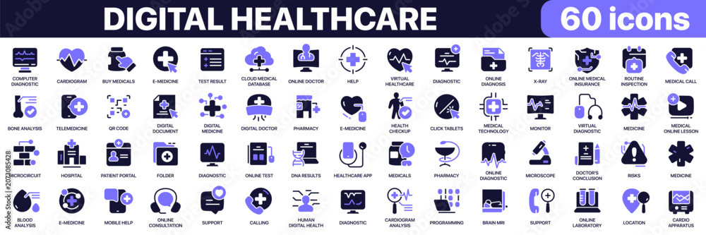 Fototapeta premium Digital healthcare icon collection in purple colored style.Includes telemedicine, online diagnosis, medical technology, virtual healthcare, digital records