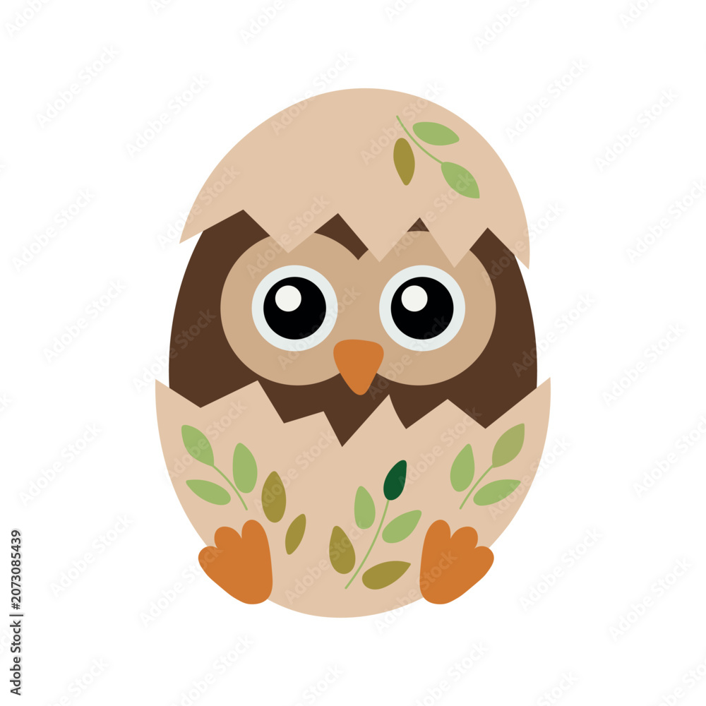 Obraz premium Cute baby owl hatching from an egg. Little bird character with botanical leaf elements. Spring nature illustration for kids, nursery decor, and stickers. Flat vector illustration isolated on white bac