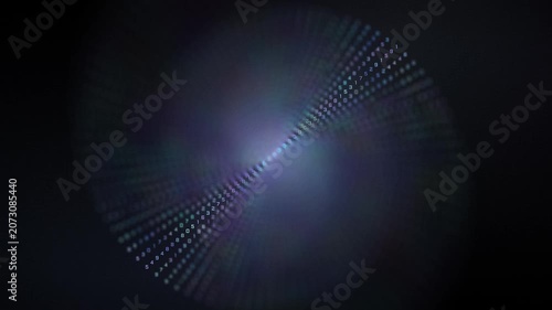 Abstract glowing digital vortex with data particles on a dark background. Cinematic animation of the data tunnel in dark blue and purple tones. A mysterious glowing spiral of digital dots.