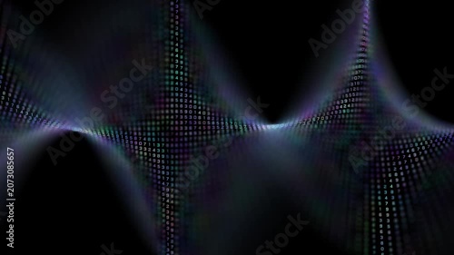 Abstract dark glowing digital wave with blurred matrix numbers. Intersecting sine waves of the matrix code, dark cyberpunk background.