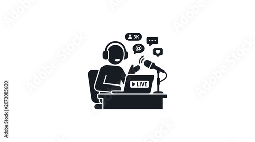 Photos Podcaster records a live digital broadcast while sitting at a desk with professional audio equipment and social media engagement symbols