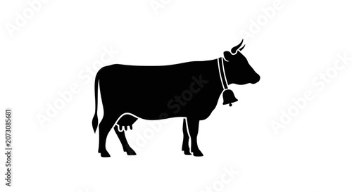 Cow silhouette wearing a rustic farm bell stands as a symbol of agricultural livestock and traditional dairy farming.
