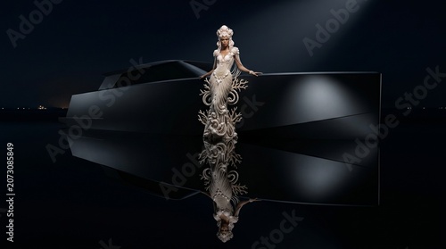 Ethereal Woman in Ornate Gown with Surreal Architectural Setting