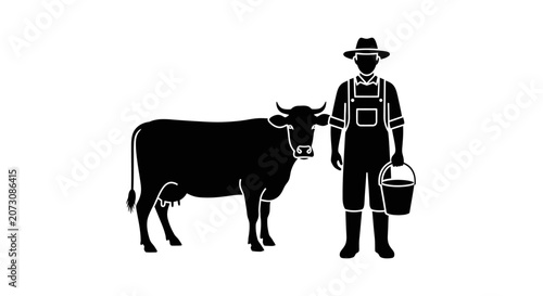 Foto Farmer stands beside a dairy cow while holding a milk bucket in this pastoral farm scene