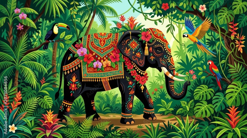 Obraz premium Colorful Elephant Surrounded by Lush Jungle Flora and Fauna