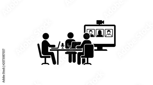 Business team members participate in a digital virtual meeting via video conference technology to collaborate remotely.