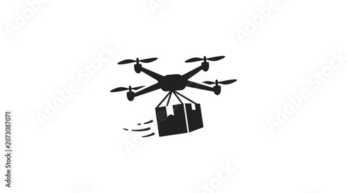 Drone carries a package through the air to symbolize the rapid evolution of modern automated delivery services and logistics.