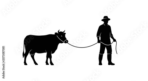Farmer leads a cow on a leash in a minimalist black silhouette style that depicts traditional agricultural practices.
