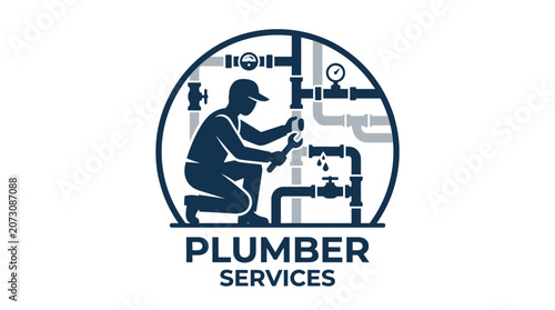 Plumber services logo features a skilled tradesman repairing pipes, representing professional reliability and high quality home maintenance solutions.