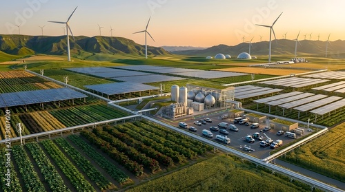 This image captures a vast industrial facility utilizing hydrogen fuel for power illustrating cutting edge technology and sustainable manufacturing processes within an open expansive environment