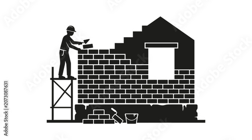 Bricklayer stands on scaffolding while constructing a residential house wall in this professional construction site illustration.