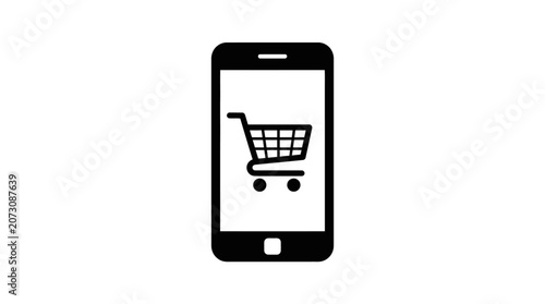 Smartphone displays a shopping cart icon on the screen to represent modern e-commerce technology.