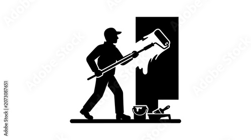 Painter uses a roller tool to apply fresh paint onto a large empty wall surface in this icon.