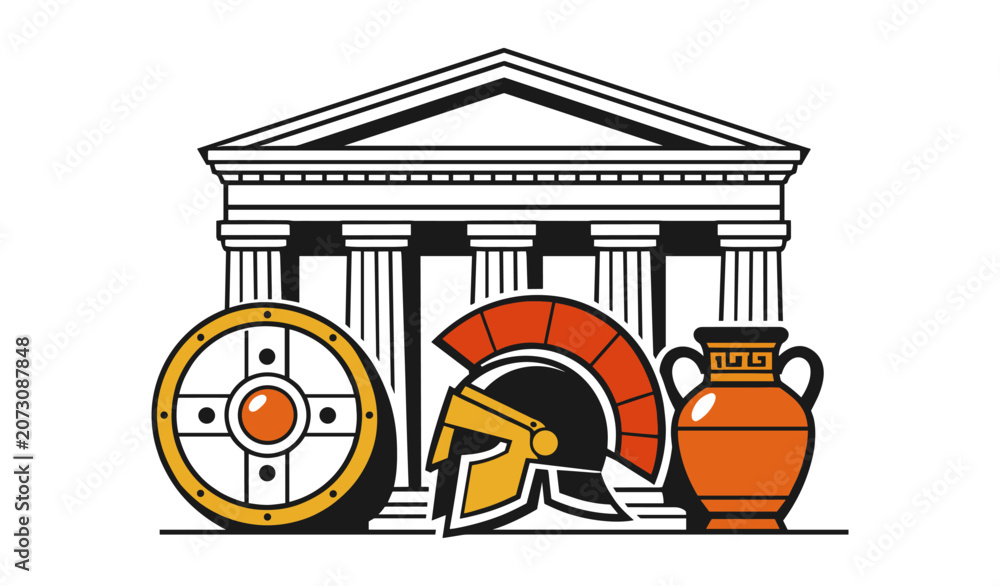 Obraz premium Greek helmet, shield and amphora displayed before temple facade