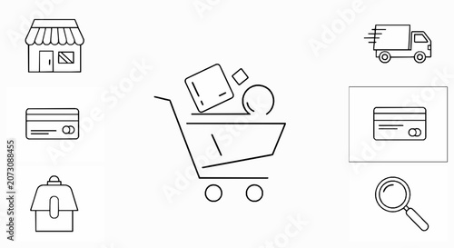 Ecommerce and online shopping line icons set including store, cart, payment, delivery, and search