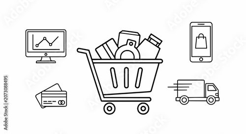 Online shopping and ecommerce icons set including shopping cart, mobile app, delivery truck and payment