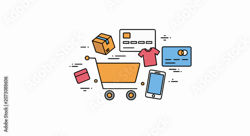 Online shopping concept with shopping cart, credit cards, smartphone, tshirt and delivery box