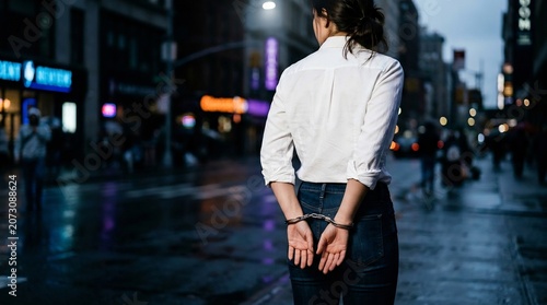 手錠をかけた女性が暗い街並みを歩む様子を捉えた写真