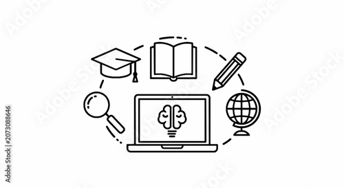 Online education and elearning concept with laptop, graduation cap, book, pencil, globe and magnifying glass