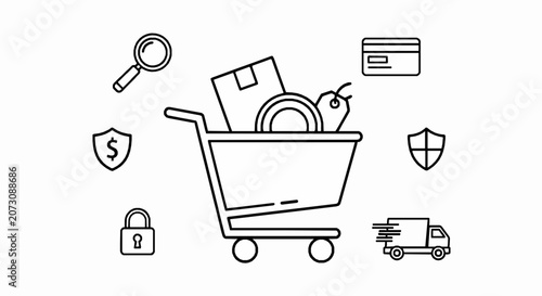 Online shopping and ecommerce icons set with shopping cart, delivery, payment and security symbols