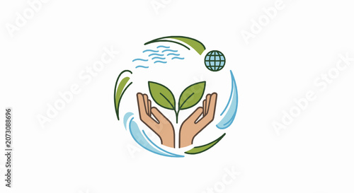 Hands holding a green plant sprout with water and earth elements icon